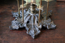 Load image into Gallery viewer, Antique Brass Cotton Reel Stand With Pin Cushion – Ornate Cast Metal Base – Sewing Bobbin Holder