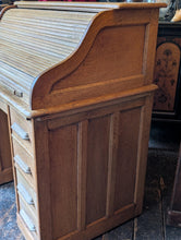 Load image into Gallery viewer, Antique Oak Roll Top Desk – Tambour Front Twin Pedestal Writing Desk – Early 20th Century