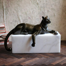 Load image into Gallery viewer, Art Deco Cubist Bronze Panther Sculpture – Reclining Big Cat on White Marble Plinth