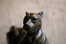 Load image into Gallery viewer, Art Deco Cubist Bronze Panther Sculpture – Reclining Big Cat on White Marble Plinth