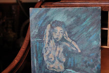 Load image into Gallery viewer, Vintage 1950s Figurative Oil Painting – Seated Woman in Blue – Signed Original Canvas
