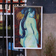 Load image into Gallery viewer, Vintage Expressionist Female Nude Painting – Blue Figure With Long Dark Hair – Impasto Oil Painting