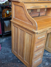 Load image into Gallery viewer, Antique Oak Roll Top Desk – Tambour Front Twin Pedestal Writing Desk – Early 20th Century