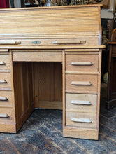 Load image into Gallery viewer, Antique Oak Roll Top Desk – Tambour Front Twin Pedestal Writing Desk – Early 20th Century