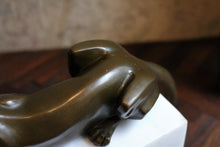 Load image into Gallery viewer, Art Deco Cubist Bronze Panther Sculpture – Reclining Big Cat on White Marble Plinth
