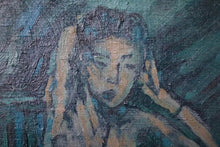 Load image into Gallery viewer, Vintage 1950s Figurative Oil Painting – Seated Woman in Blue – Signed Original Canvas