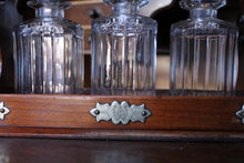 Load image into Gallery viewer, Antique Mahogany 3 Bottle Tantalus - Cut Glass Decanters - Silver Plated Fittings