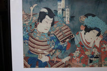 Load image into Gallery viewer, Original 1871 Toyohara Kunichika Japanese Woodblock Print – Kabuki Actors – Two Panels From Triptych