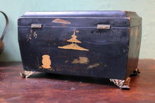 Load image into Gallery viewer, Antique Chinoiserie Black Lacquer Box - Painted Figures - Gilt Metal Feet - c.1900