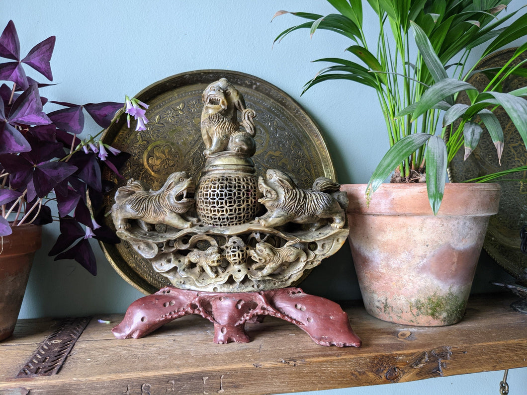 Antique Carved Chinese Soapstone Incense Burner With Foo Dogs