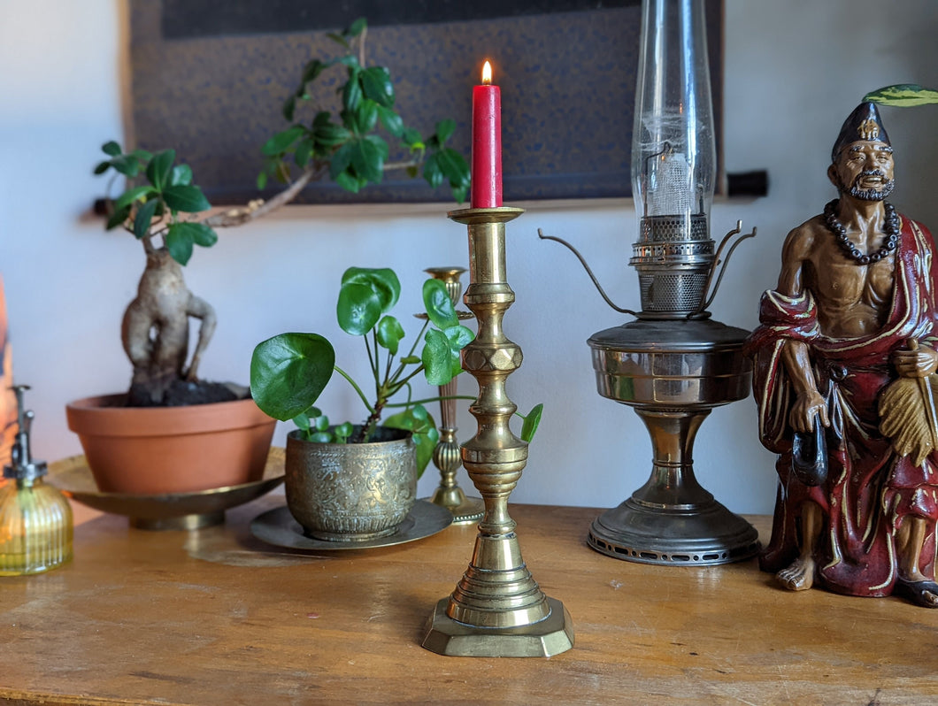 Antique Brass Column Candlestick With Ejector