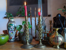 Load image into Gallery viewer, Pair of Antique Brass Twirl Candlesticks
