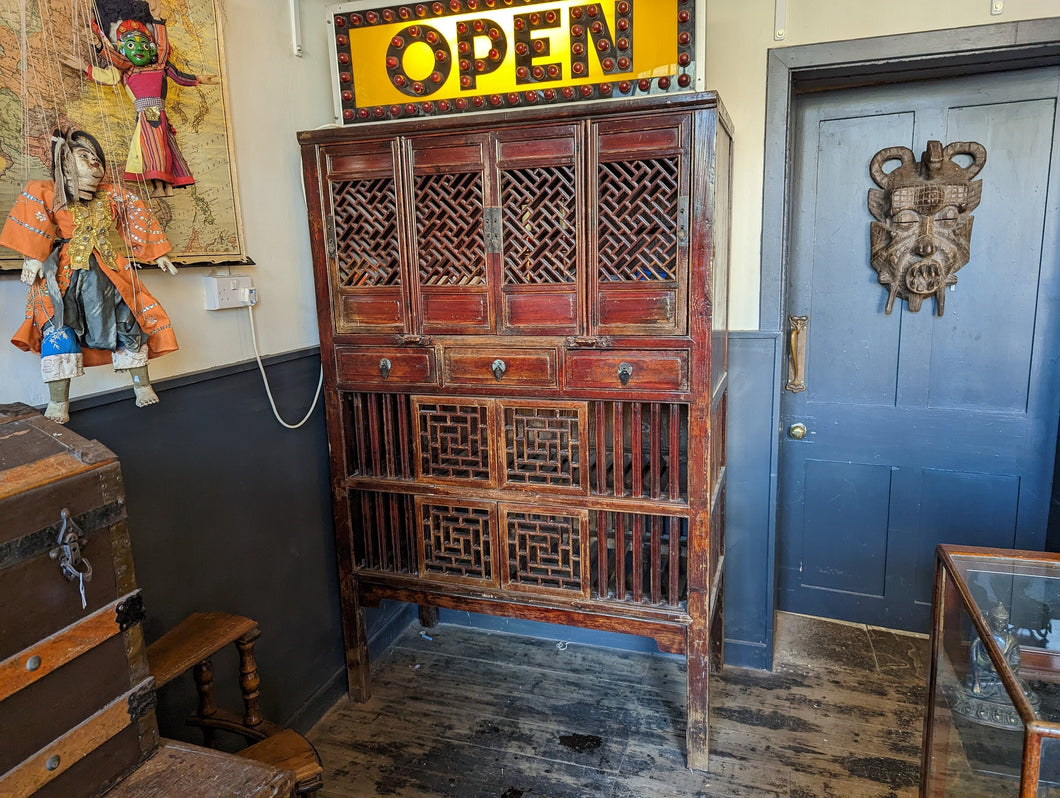 Chinese Red Lacquered Elm Noodle Cabinet