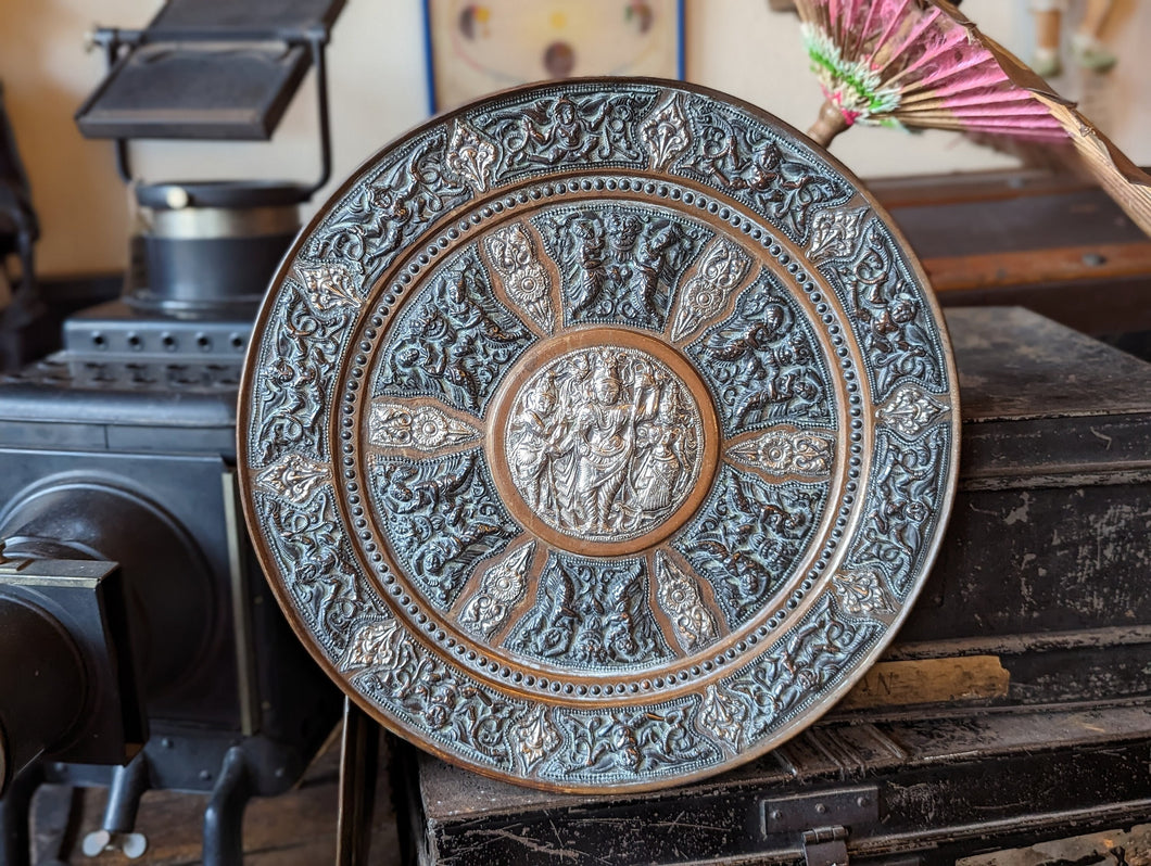 Antique Indian Hindu Copper Engraved Charger / Plate