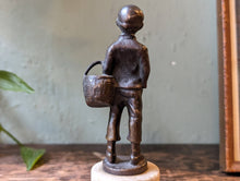 Load image into Gallery viewer, Miniature Bronze 6&quot; Figurine, Young Boy Carrying Basket, Marble Base, c. 1910
