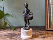 Load image into Gallery viewer, Miniature Bronze 6&quot; Figurine, Young Boy Carrying Basket, Marble Base, c. 1910
