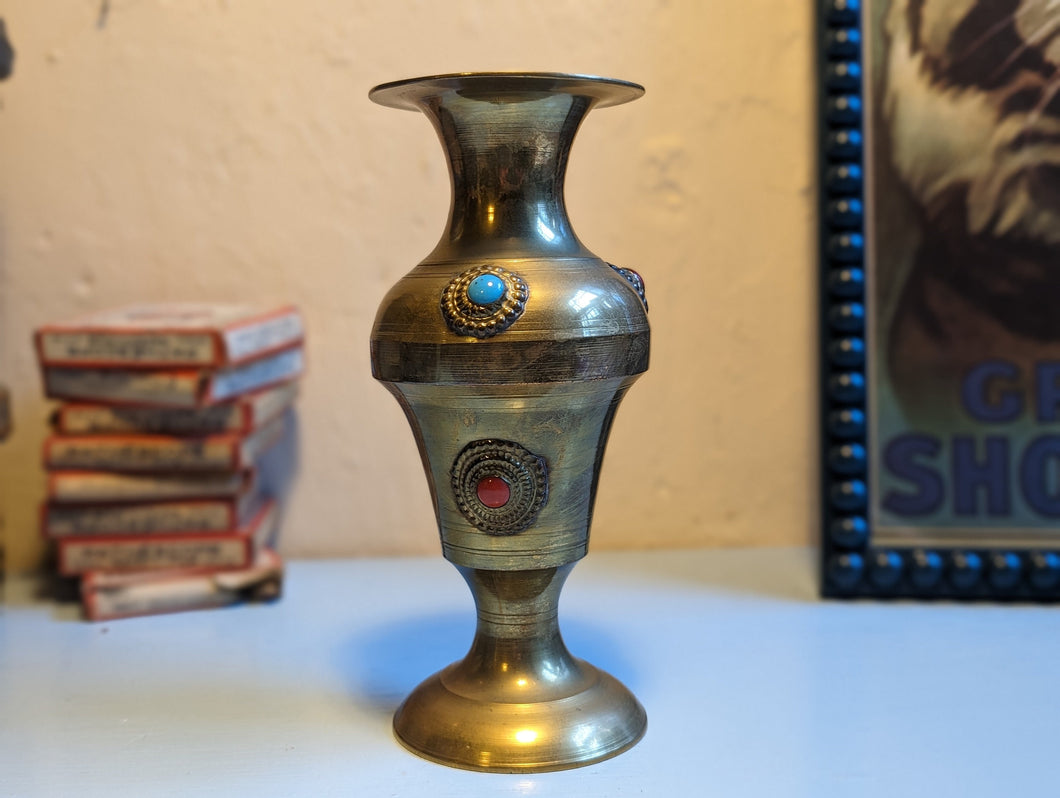 Mid Century Jeweled Brass Vase