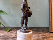 Load image into Gallery viewer, Miniature Bronze 6&quot; Figurine, Young Boy Carrying Basket, Marble Base, c. 1910
