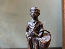 Load image into Gallery viewer, Miniature Bronze 6&quot; Figurine, Young Boy Carrying Basket, Marble Base, c. 1910
