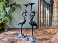 Load image into Gallery viewer, Vintage Japanese Bronze Crane on a Turtle Candle Holders
