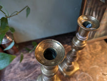 Load image into Gallery viewer, Pair of Antique Brass Column Candlesticks With Ejectors
