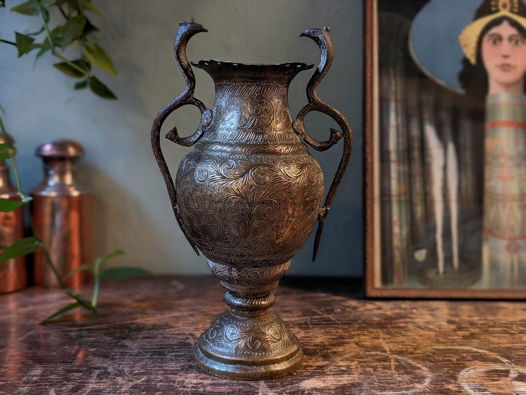 1920's Indian Engraved  Brass Snake Handle Vase / Ewer