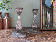 Load image into Gallery viewer, Arts and Crafts Hammered Pewter Candle Sticks
