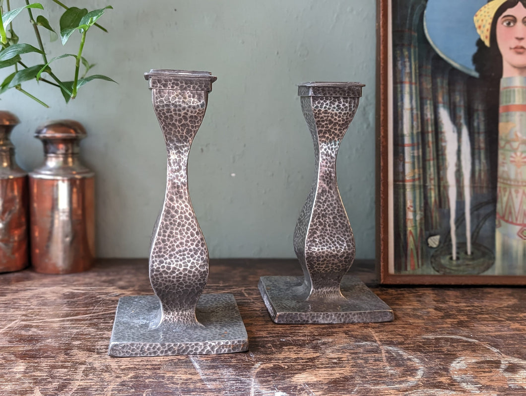 Arts and Crafts Hammered Pewter Candle Sticks