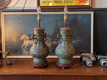 Load image into Gallery viewer, Pair of Cast Bronze Chinoiserie Table Lamps
