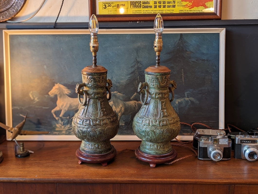 Pair of Cast Bronze Chinoiserie Table Lamps