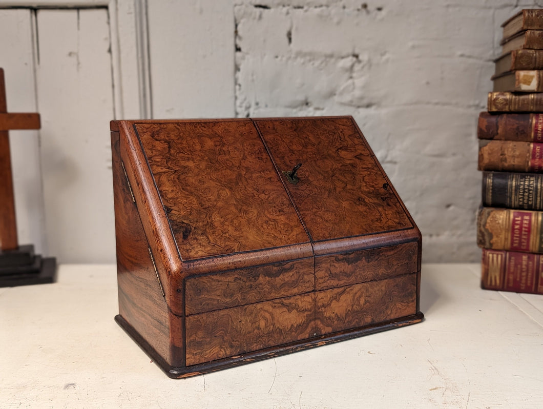 19th Century Victorian Burr Walnut Desk Tidy / Writing Slope