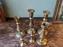 Load image into Gallery viewer, 3 Pairs of Small Antique Brass Candlesticks
