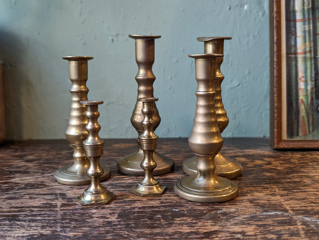3 Pairs of Small Antique Brass Candlesticks