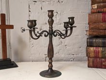 Load image into Gallery viewer, Antique Turned Wood and Brass 5 Brand Candelabra Candlestick Candle Holder
