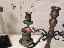 Load image into Gallery viewer, Antique Turned Wood and Brass 5 Brand Candelabra Candlestick Candle Holder
