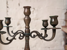 Load image into Gallery viewer, Antique Turned Wood and Brass 5 Brand Candelabra Candlestick Candle Holder
