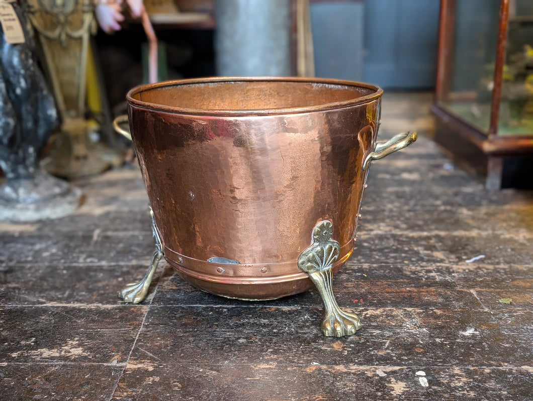 Large Victorian Style Copper and Brass Coal Bin on Paw Feet