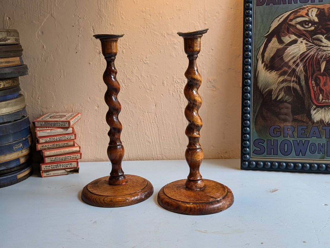 Antique English Oak Barley Twist Candle Sticks