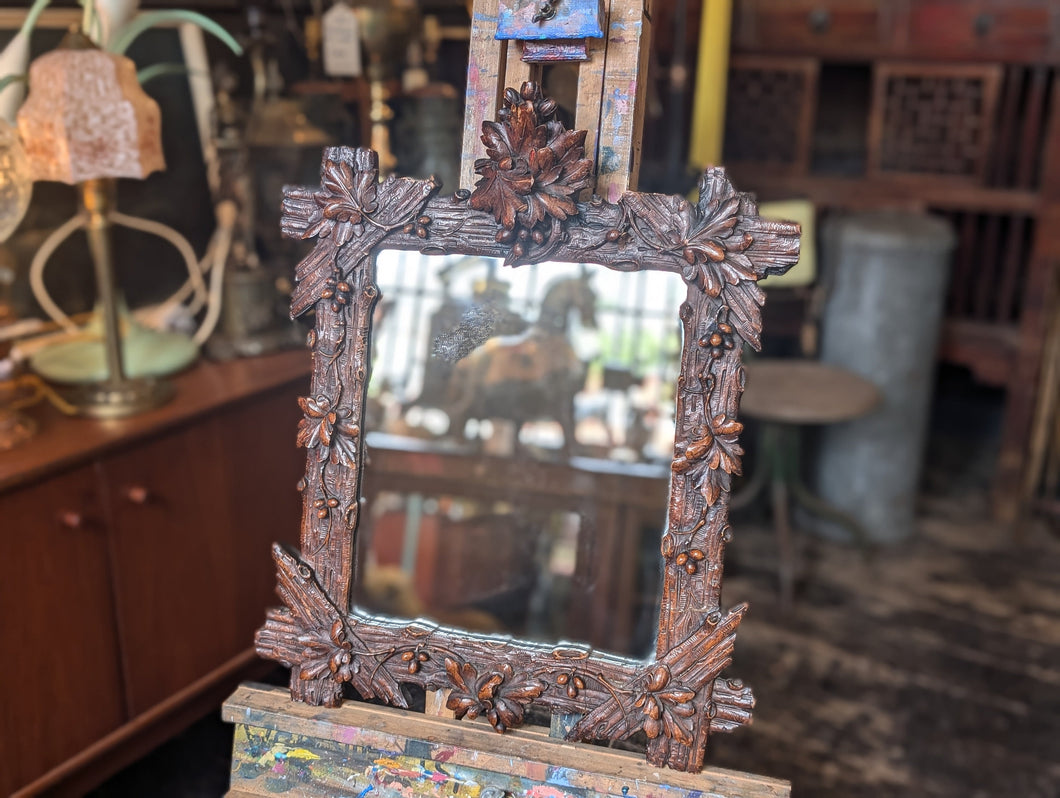 19th.C Antique Swiss Black Forest Carved Wall Mirror