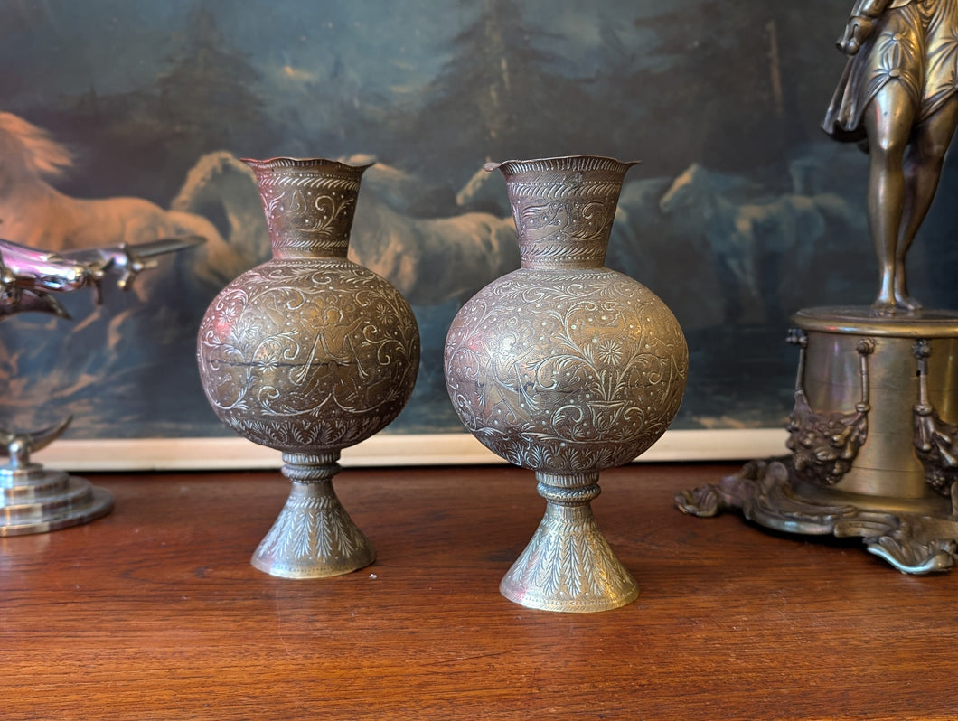 Pair of Early 20th.C Indian Etched Brass Vases