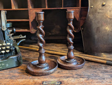 Load image into Gallery viewer, Antique English Oak Barley Twist Candle Sticks
