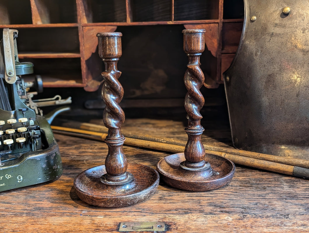 Antique English Oak Barley Twist Candle Sticks