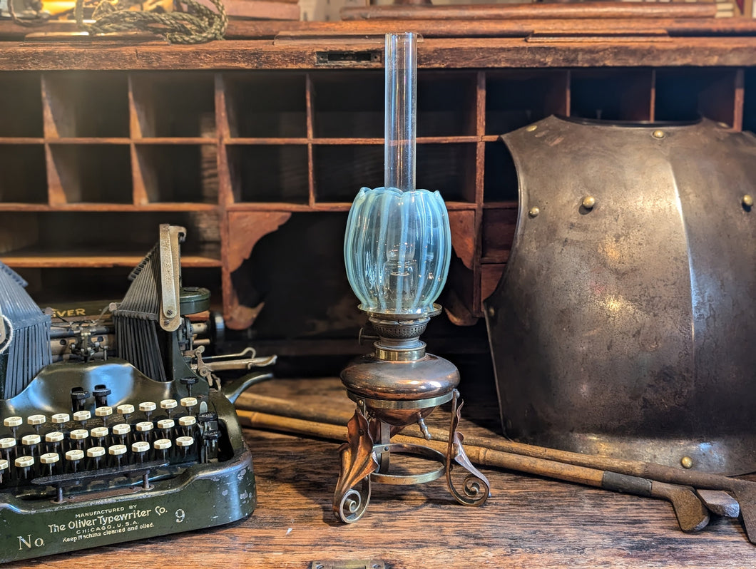 Victorian Art Nouveau Oil Lamp Lantern With Vaseline Shade