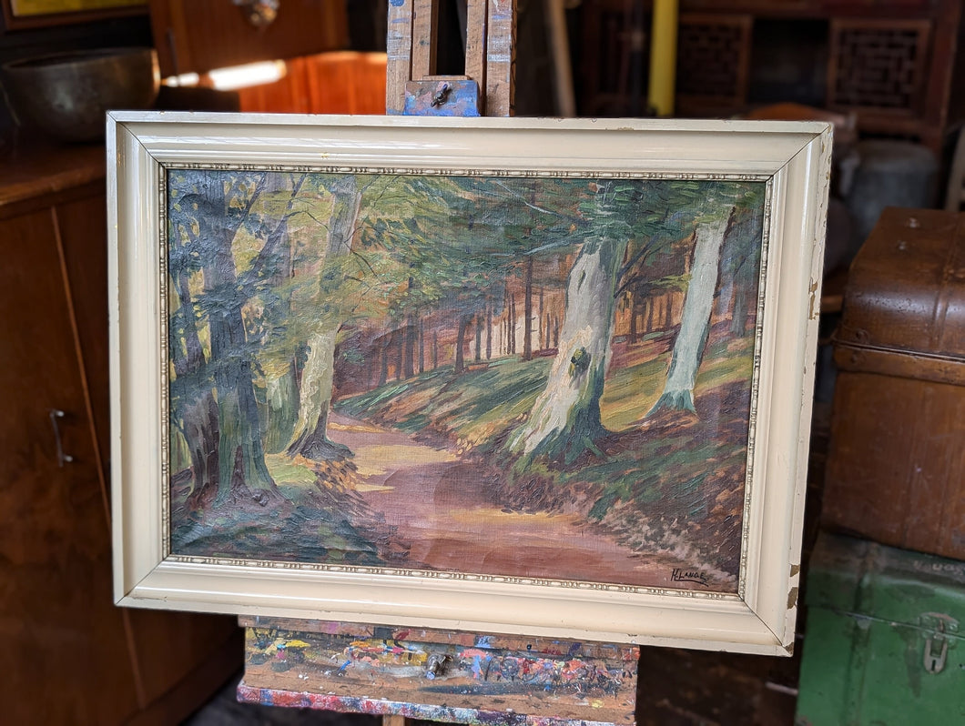 1920's Danish Impressionistic Oil Painting of Forrest in Wood Frame - 76 x 56cm