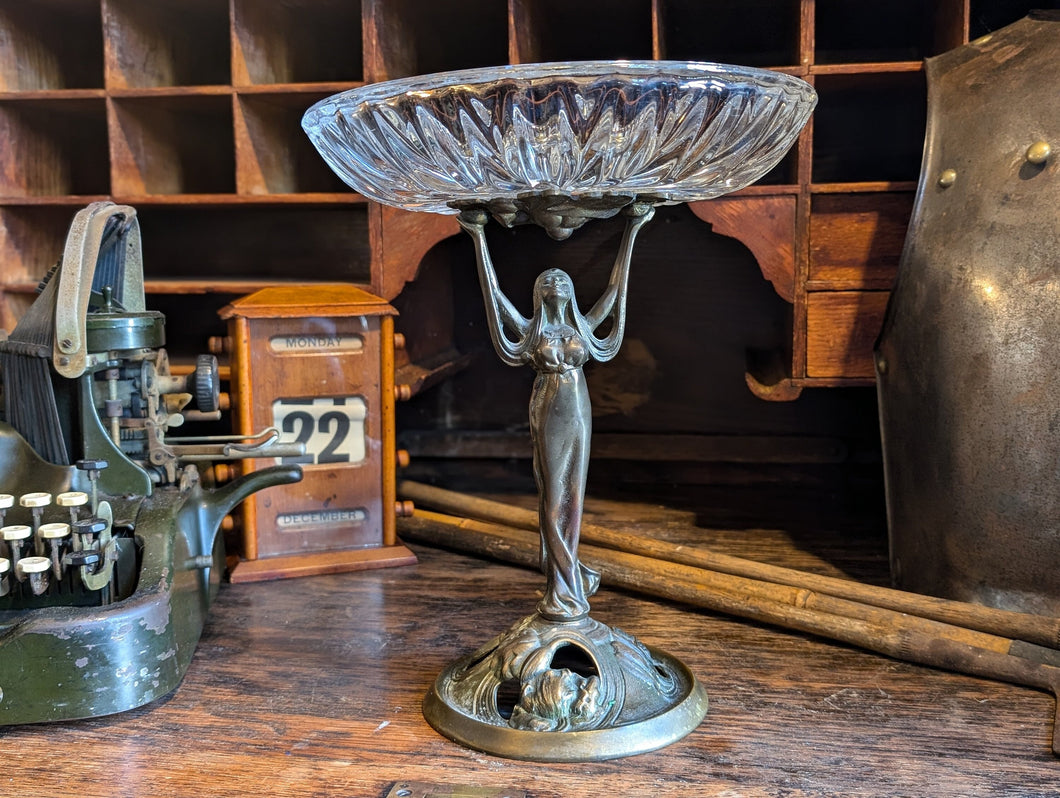 Art Nouveau Bronze and Crystal Glass Bowl / Centrepiece