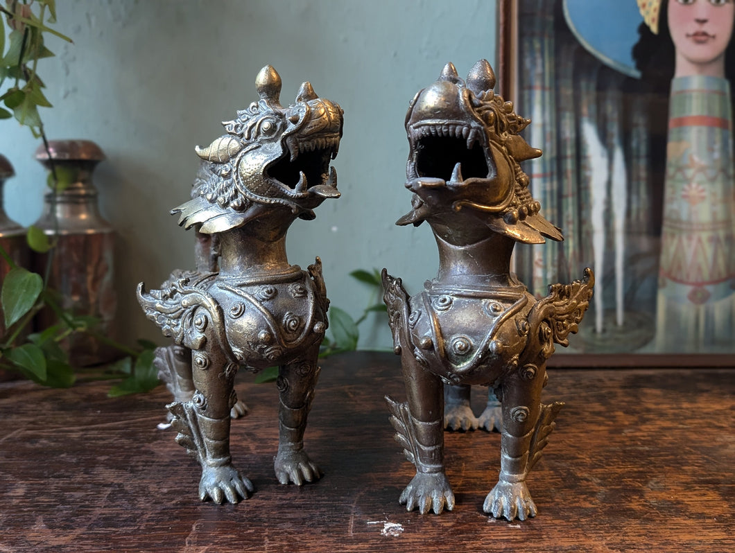 Antique Tibetan Pair of Bronze Foo Dog Figurines