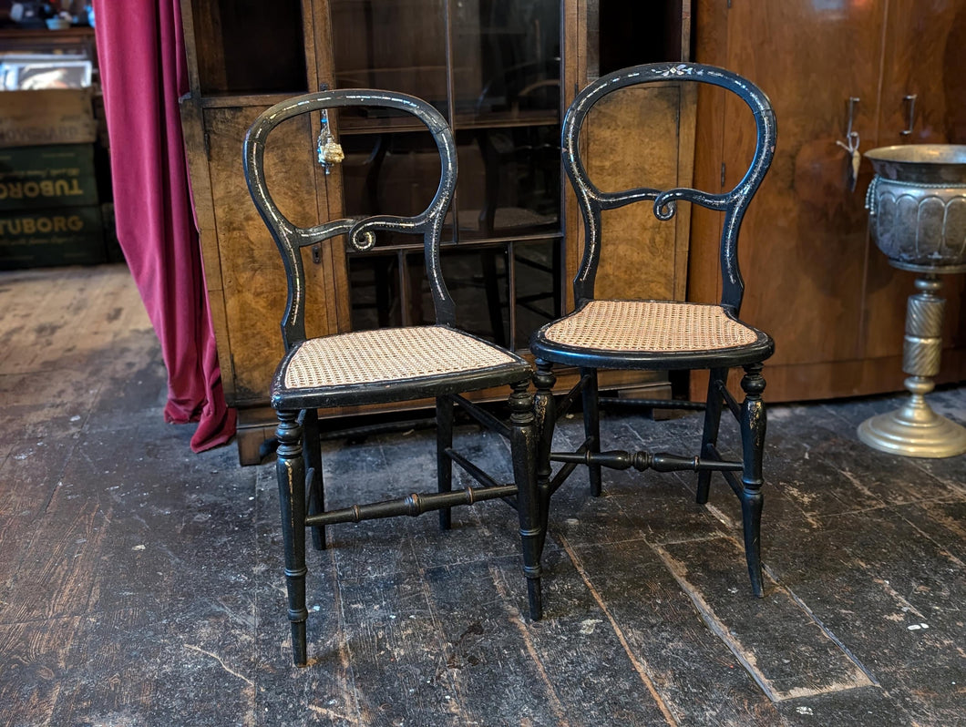 Pair of French 19th.C Black Lacquer and Mother of Pearl Inlay Chairs