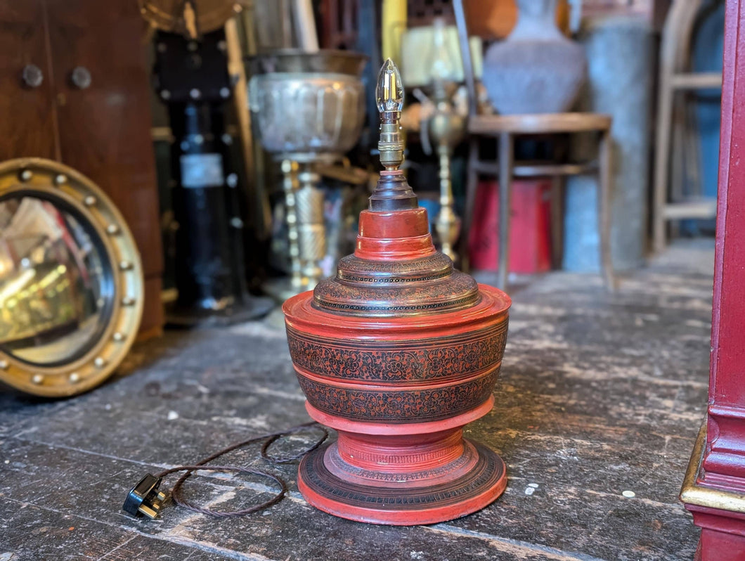 Antique Burmese Red Laquerre Offering Bowl Converted to Lamp