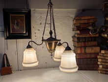 Load image into Gallery viewer, Antique C.1920 3 Arm Brass Chandelier Light Fitting
