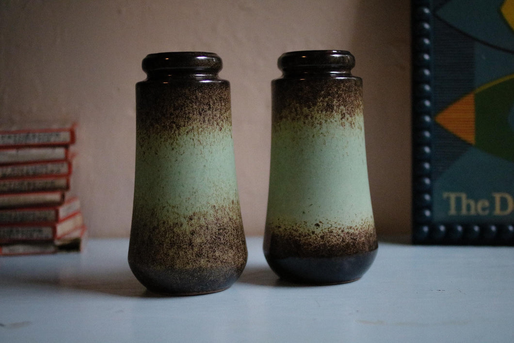 Pair of Scheruch Brown and Green Mid Century Vases - West German Pottery